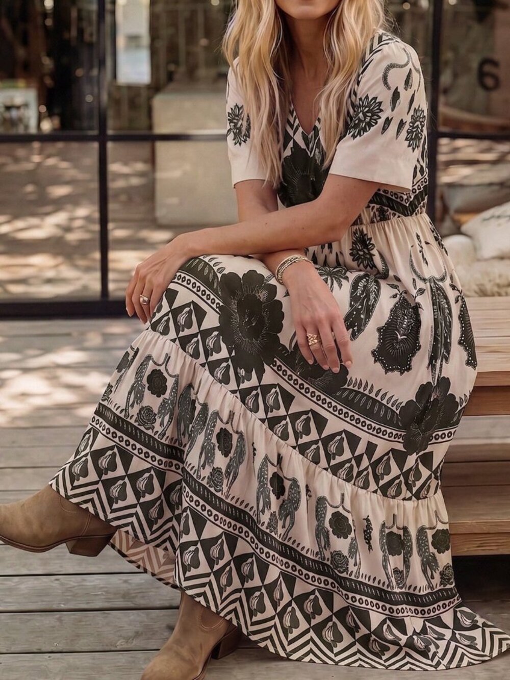 Black Boho Women's V-Neck Flared Sleeve Cinched Waist Ruffle Hem Dress